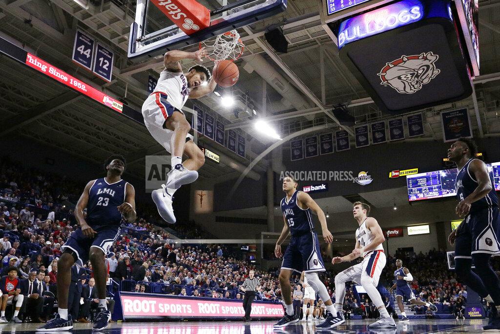 Young Kwak Gonzaga forward Brandon Clarke dunks during the second half of the team's NCAA college basketball game against Loyola Marymount in Spokane, Wash., Thursday, Jan. 17, 2019. Gonzaga won 73-55. (AP Photo/Young Kwak)