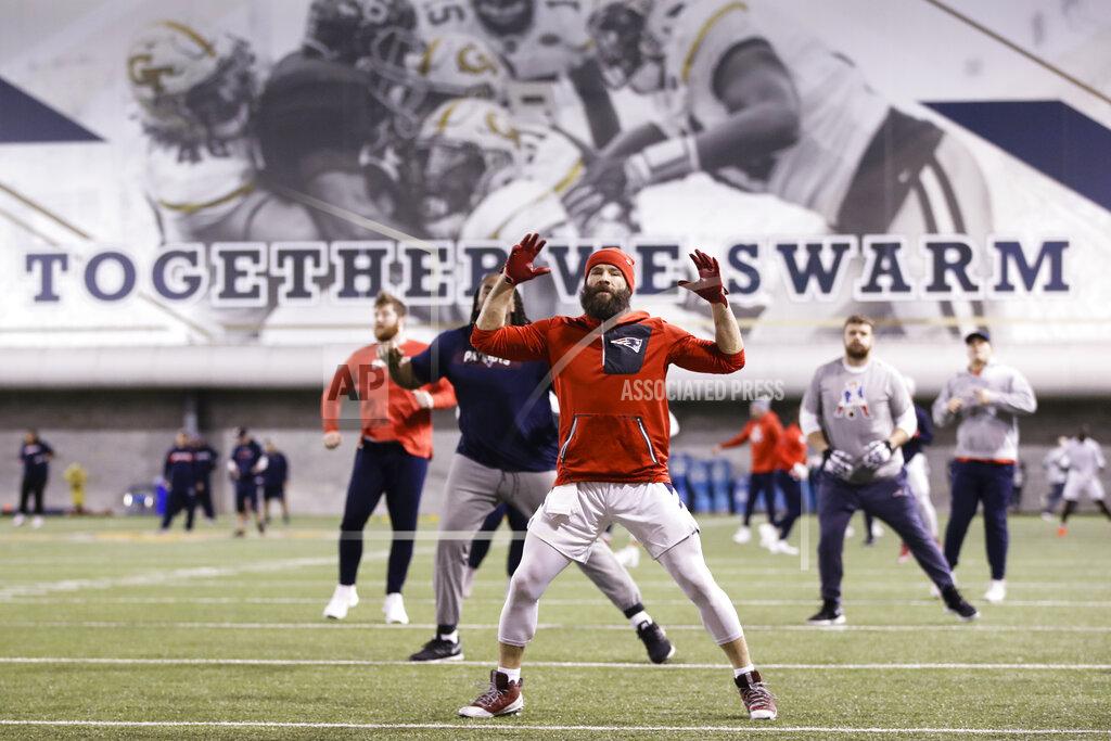 Matt Rourke New England Patriots wide receiver Julian Edelman warms up during NFL football practice, Thursday, Jan. 31, 2019, in Atlanta, as the team prepares for Super Bowl 53 against the Los Angeles Rams. (AP Photo/Matt Rourke)