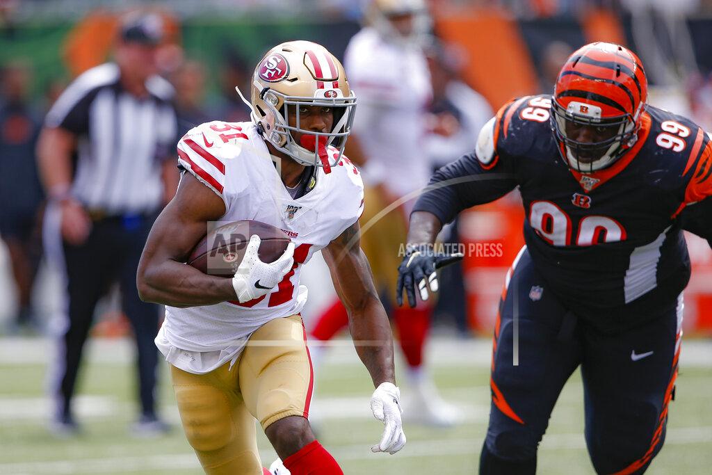 Gary Landers San Francisco 49ers running back Raheem Mostert (31) runs the ball past Cincinnati Bengals defensive tackle Andrew Billings (99) during the second half an NFL football game, Sunday, Sept. 15, 2019, in Cincinnati. (AP Photo/Gary Landers)