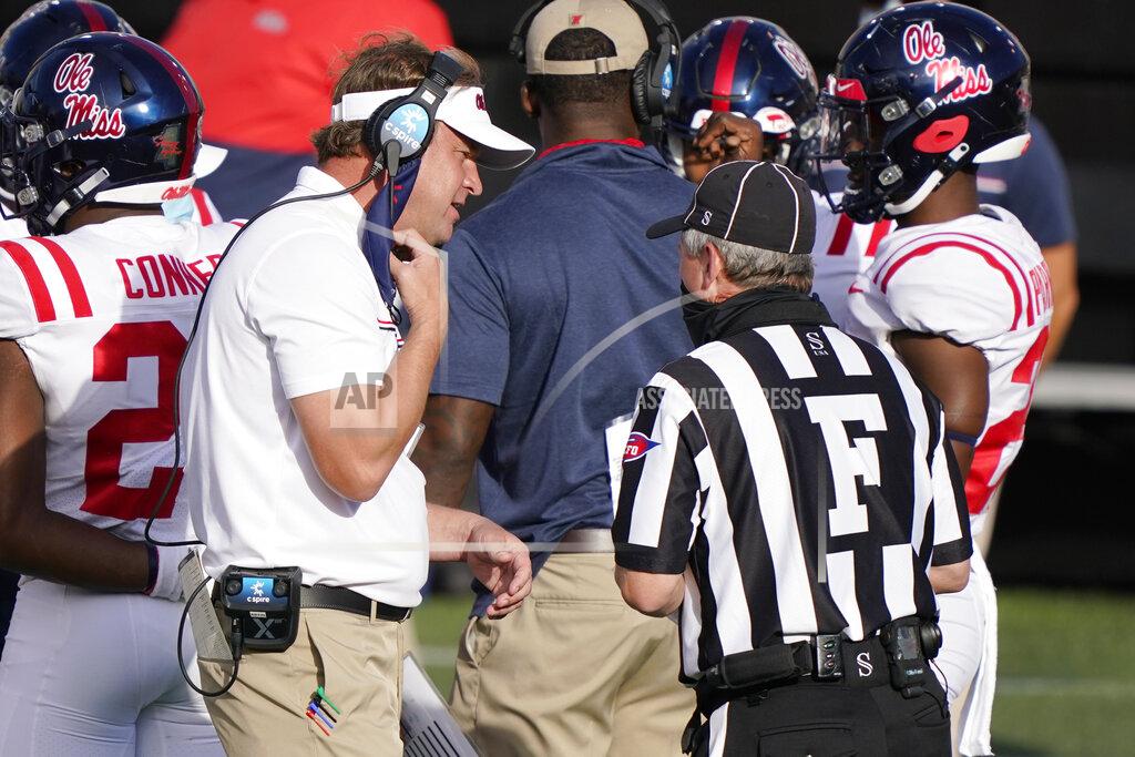 Mark Humphrey Mississippi head coach Lane Kiffin talks with an official in the second half of an NFL football game against Vanderbilt Saturday, Oct. 31, 2020, in Nashville, Tenn. The Steelers won 27-24. (AP Photo/Mark Humphrey)
