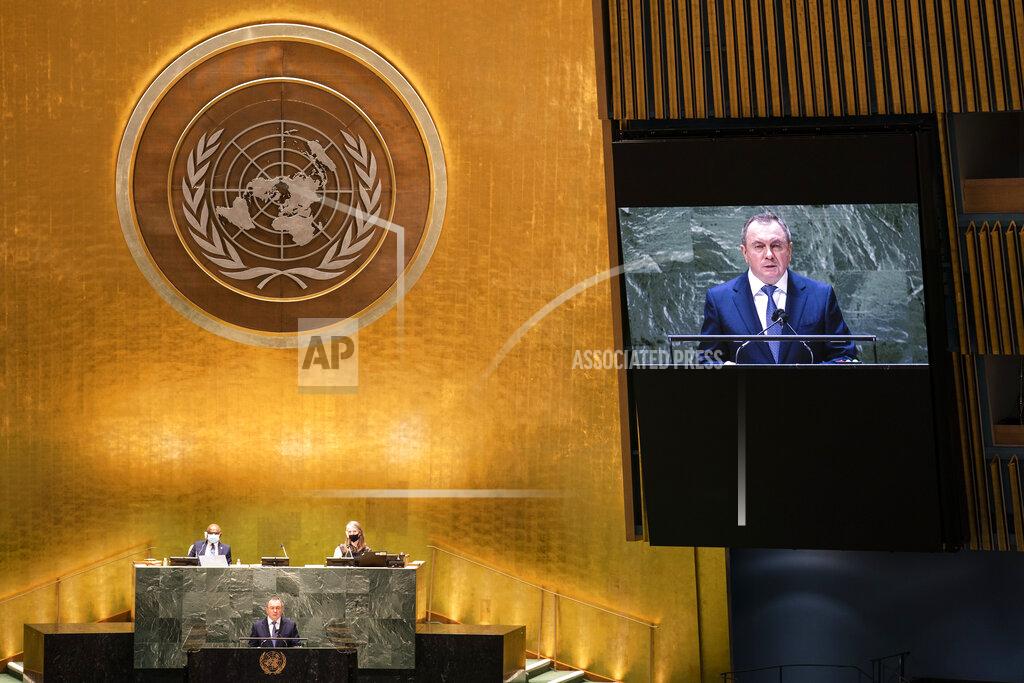 John Minchillo Belarus' foreign minister Vladimir Makei addresses the 76th Session of the United Nations General Assembly, Monday, Sept. 27, 2021, at U.N. headquarters. (AP Photo/John Minchillo, Pool)