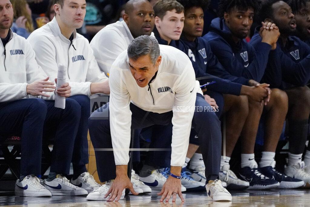 Nam Y. Huh Villanova head coach Jay Wright reacts to a call during the first half of an NCAA college basketball game against DePaul in Chicago, Saturday, Jan. 8, 2022. (AP Photo/Nam Y. Huh)