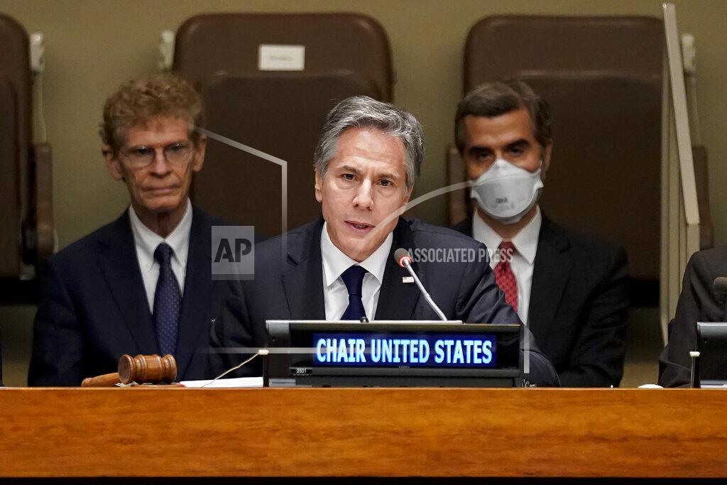 John Minchillo U.S. Secretary of State Antony Blinken chairs a ministerial meeting at U.N. headquarters on growing food insecurity around the world, which has been exacerbated by Russia's war on Ukraine, Wednesday, May 18, 2022, in United Nations headquarters. (AP Photo/John Minchillo)