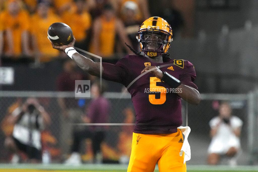 Arizona State quarterback Emory Jones throws a pass against Northern Arizona during the first half of an NCAA college football game Thursday, Sept. 1, 2022, in Tempe, Ariz. (AP Photo/Rick Scuteri)