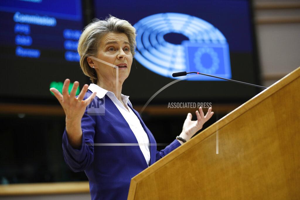 Francisco Seco European Commission President Ursula Von Der Leyen addresses European lawmakers during a plenary session on the inauguration of the new President of the United States and the current political situation, at the European Parliament in Brussels, Wednesday, Jan. 20, 2021. (AP Photo/Francisco Seco, Pool)