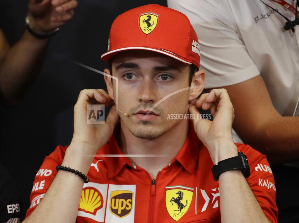 Luca Bruno Ferrari driver Charles Leclerc of Monaco gestures during a news conference at the Monaco racetrack, in Monaco, Wednesday, May 22, 2019. The Formula one race will be held on Sunday. (AP Photo/Luca Bruno)