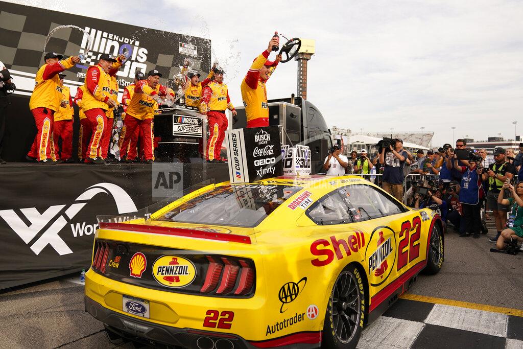 Jeff Roberson Joey Logano celebrates after winning a NASCAR Cup Series auto race at World Wide Technology Raceway, Sunday, June 5, 2022, in Madison, Ill. (AP Photo/Jeff Roberson)