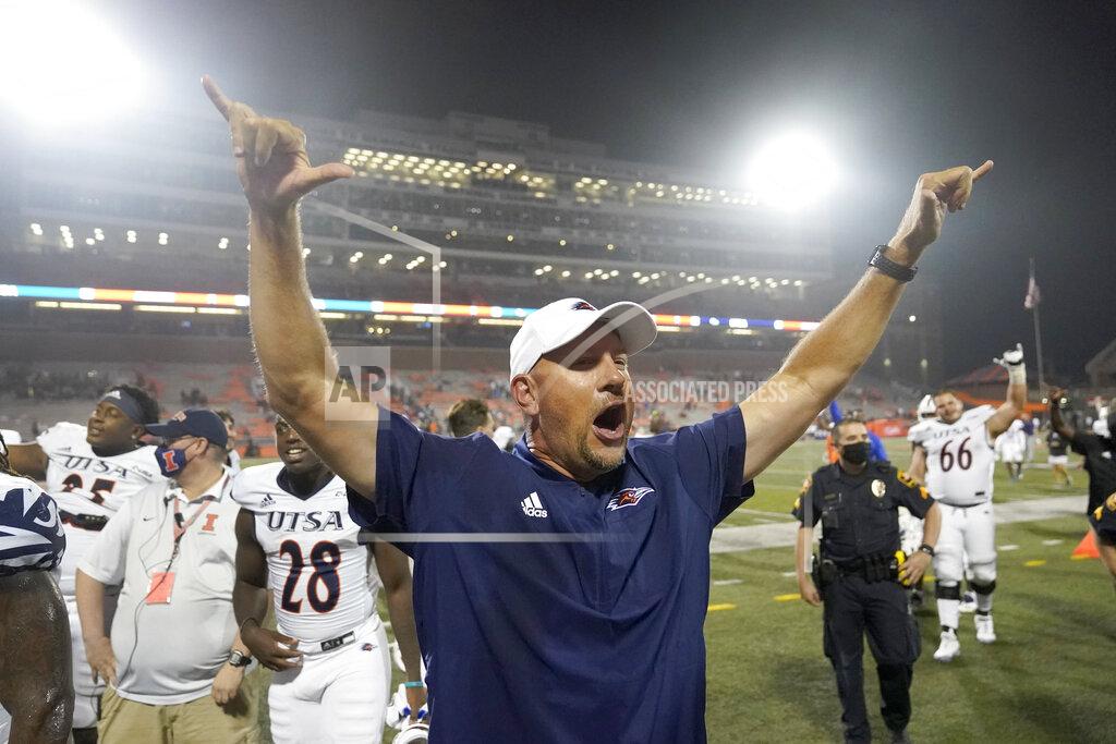 Charles Rex Arbogast UTSA head coach Jeff Taylor celebrates his team's win over Illinois after an NCAA college football game Saturday, Sept. 4, 2021, in Champaign, Ill. (AP Photo/Charles Rex Arbogast)