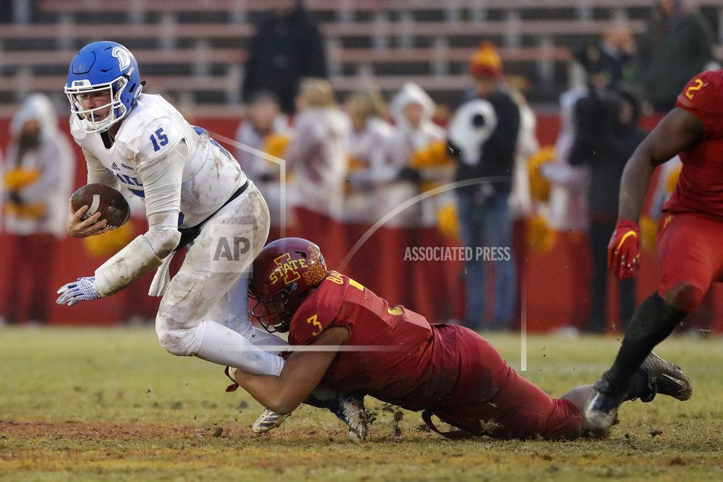 Charlie Neibergall Drake quarterback Grant Kraemer (15) is sacked by Iowa State defensive end JaQuan Bailey (3) during the second half of an NCAA college football game, Saturday, Dec. 1, 2018, in Ames, Iowa. (AP Photo/Charlie Neibergall)