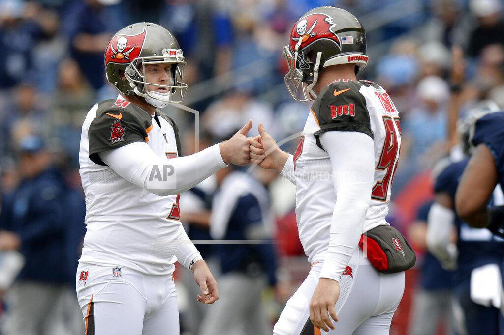 Mark Zaleski Tampa Bay Buccaneers kicker Matt Gay (9) is congratulated by long snapper Zach Triner (97) after Gay kicked a 48-yard field goal against the Tennessee Titans in the first half of an NFL football game Sunday, Oct. 27, 2019, in Nashville, Tenn. (AP Photo/Mark Zaleski)
