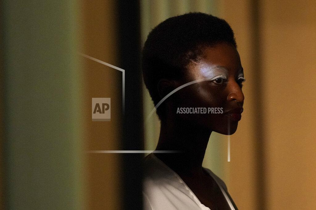 Luca Bruno A model wears a creation of Francesca Liberatore Spring Summer 2022 collection, unveiled during the Milan Fashion Week, in Milan, Italy, Sunday, Sept. 26, 2021. (AP Photo/Luca Bruno)