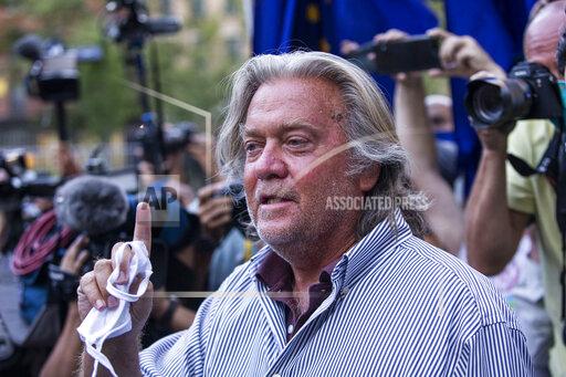 FILE - In this Aug. 20, 2020, file photo, President Donald Trump's former chief strategist Steve Bannon speaks with reporters in New York. A lawyer for Bannon says Bannon won’t comply with a congressional investigation into the Jan. 6 insurrection at the Capitol because President Donald Trump is asserting executive privilege to block demands for testimony and documents.(AP Photo/Eduardo Munoz Alvarez, File)