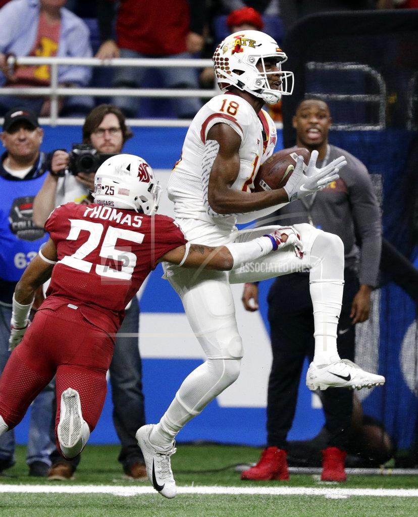 Eric Gay Iowa State wide receiver Hakeem Butler (18) makes a catch in front of Washington State safety Skyler Thomas (25) during the second half of the Alamo Bowl NCAA college football game Friday, Dec. 28, 2018, in San Antonio. (AP Photo/Eric Gay)