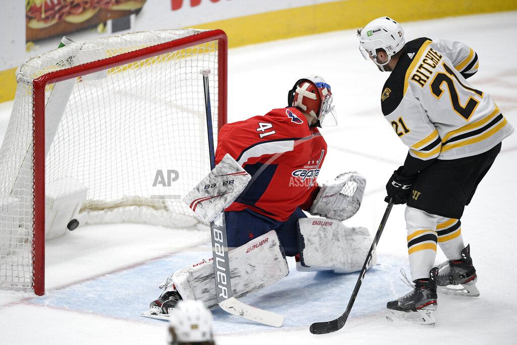 Nick Wass Boston Bruins left wing Nick Ritchie (21) scores a goal against Washington Capitals goaltender Vitek Vanecek (41) during the second period of an NHL hockey game, Saturday, Jan. 30, 2021, in Washington. (AP Photo/Nick Wass)