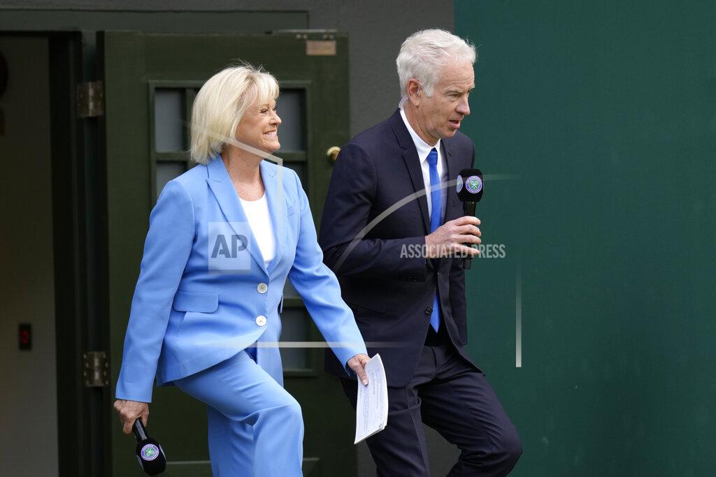 Kirsty Wigglesworth Former tennis player Sue Barker and John McEnroe arrive for a100 years of Centre Court celebration on day seven of the Wimbledon tennis championships in London, Sunday, July 3, 2022. (AP Photo/Kirsty Wigglesworth)