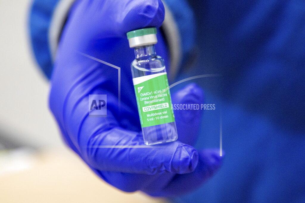 Carlos Osorio A vial of the AstraZeneca COVID-19 vaccine doses, one of the first 500,000 of the two million, is displayed that Canada has secured through a deal with the Serum Institute of India in partnership with Verity Pharma, Wednesday, March 3, 2021, at a facility in Milton, Ontario. (Carlos Osorio/Pool Photo via AP)