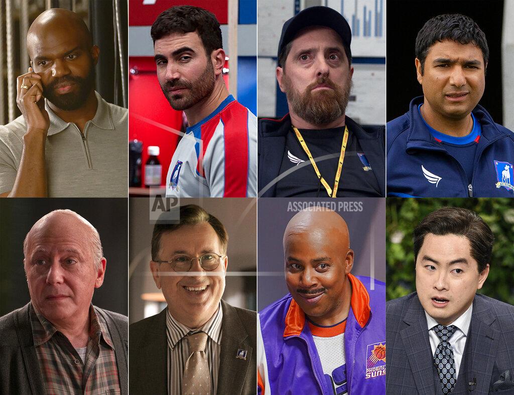Uncredited This combination of photos shows Emmy nominees for supporting actor in a comedy series, top row from left, Carl Clemons-Hopkins in "Hacks," Brett Goldstein in "Ted Lasso," Brendan Hunt in "Ted Lasso," Nich Mohammed in "Ted Lasso, bottom row from left, Paul Reiser in "The Kominsky Method," Jeremy Swift in "Ted Lasso," Kenan Thompson in "Saturday Night Live," and Bowen Yang in "Saturday Night Live." (HBO Max/Apple TV+/Apple TV+/Apple TV+/Netflix/Apple TV+/NBC/NBC via AP)