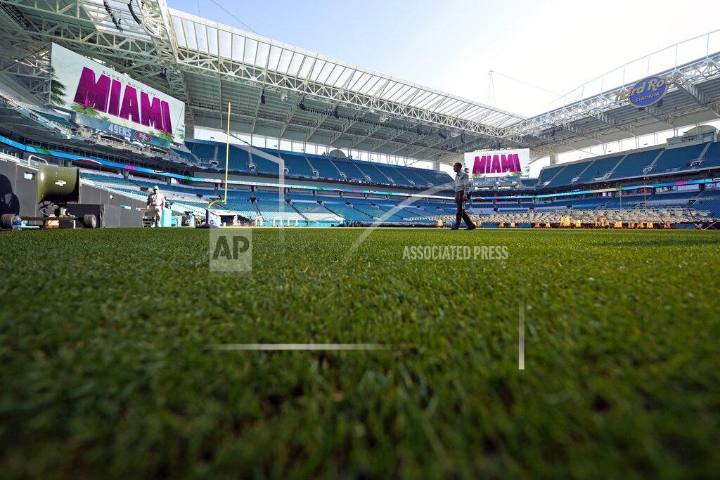 The grass inside Hard Rock Stadium is shown Tuesday, Jan. 28, 2020, in Miami Gardens, Fla., in preparation for the NFL Super Bowl 54 football game. (AP Photo/David J. Phillip)