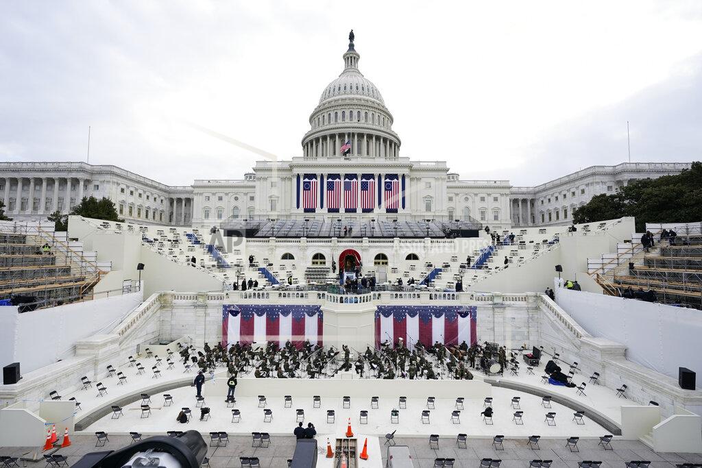 Preparations are made prior to a dress rehearsal for the 59th inaugural ceremony for President-elect Joe Biden and Vice President-elect Kamala Harris on Monday, January 18, 2021 at the U.S. Capitol in Washington. (AP Photo/Patrick Semansky, Pool)