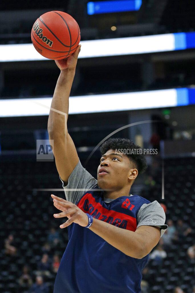 Gonzaga's Rui Hachimura shoots during practice for the NCAA men's college basketball tournament Wednesday, March 20, 2019, in Salt Lake City. Gonzaga plays Fairleigh Dickinson on Thursday. (AP Photo/Rick Bowmer)