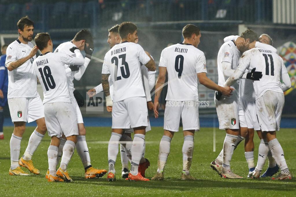 Kemal Softic Italy's Domenico Berardi (11) celebrates after scoring his side's second goal during the UEFA Nations League soccer match between Bosnia and Italy, in Sarajevo, Bosnia, Wednesday, Nov. 18, 2020. (AP Photo/Kemal Softic)