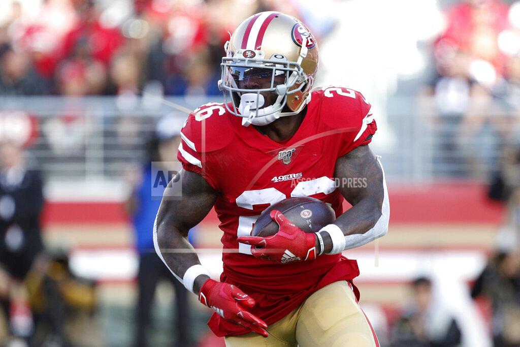Josie Lepe San Francisco 49ers running back Tevin Coleman (26) runs against the Atlanta Falcons during the first half of an NFL football game in Santa Clara, Calif., Sunday, Dec. 15, 2019. (AP Photo/Josie Lepe)