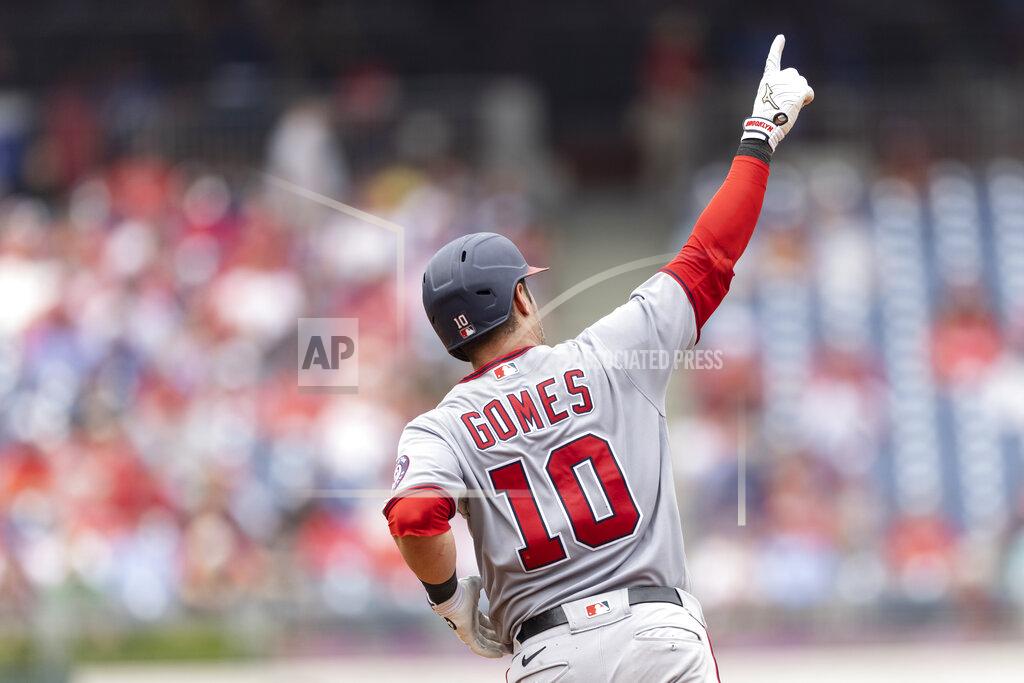 Laurence Kesterson Washington Nationals' Yan Gomes gestures as he runs the bases after hitting a two-run home run during the seventh inning of a baseball game against the Philadelphia Phillies, Thursday, July 29, 2021, in Philadelphia in the first game of a double header. (AP Photo/Laurence Kesterson)