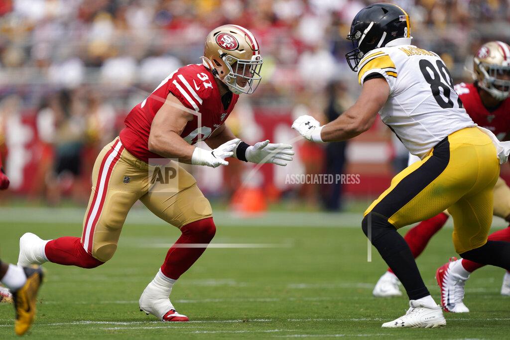 Tony Avelar Pittsburgh Steelers tight end Vance McDonald, right, prepares to block San Francisco 49ers defensive end Nick Bosa (97) during the first half of an NFL football game in Santa Clara, Calif., Sunday, Sept. 22, 2019. (AP Photo/Tony Avelar)