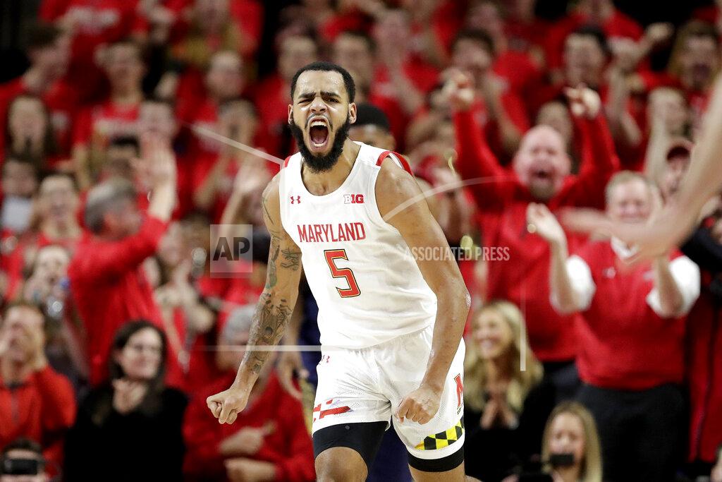 Julio Cortez Maryland guard Eric Ayala reacts after dunking on Notre Dame during the first half of an NCAA college basketball game, Wednesday, Dec. 4, 2019, in College Park, Md. (AP Photo/Julio Cortez)