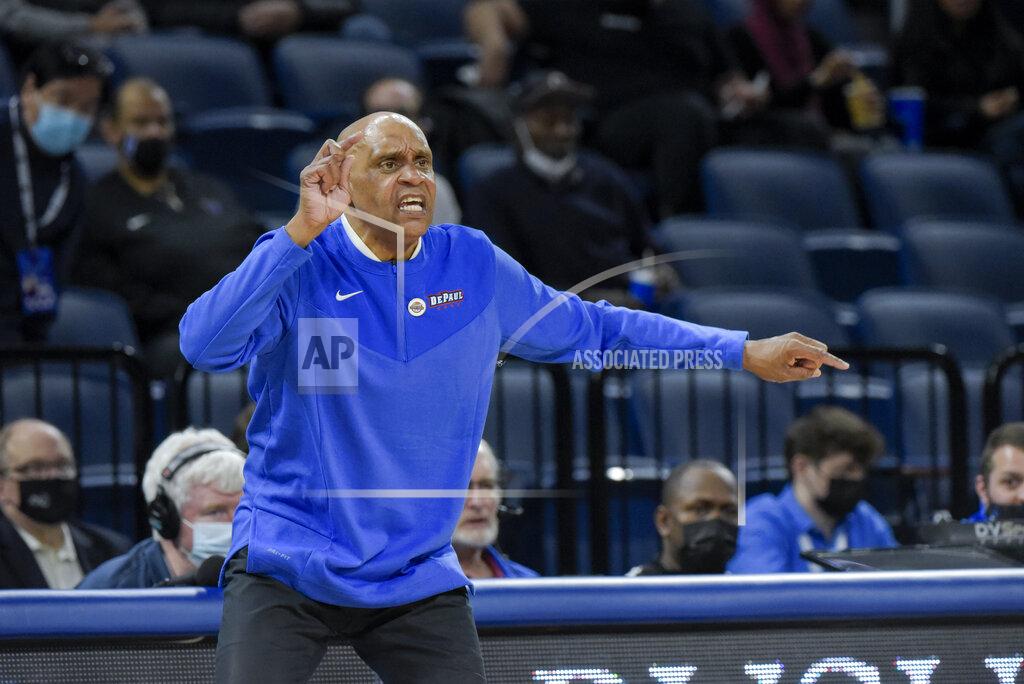Mark Black DePaul head coach Tony Stubblefield gestures during the second half of an NCAA college basketball game against Rutgers, Thursday, Nov. 18, 2021, in Chicago. (AP Photo/Mark Black)