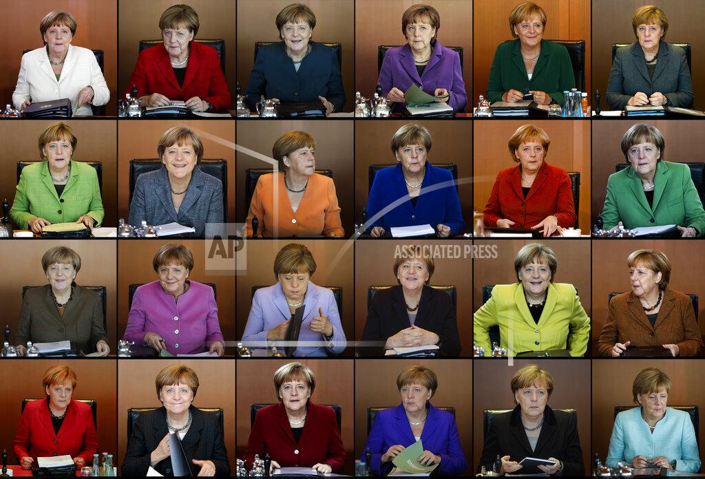 Markus Schreiber FILE - In this combo from file photos taken between 2009 and 2016 German Chancellor Angela Merkel is shown wearing her iconic blazers in different colors, as she leads the weekly cabinet meeting at the chancellery in Berlin. Angela Merkel, Germany’s first female chancellor, has been praised by many for her pragmatic leadership in a turbulent world and celebrated by some as a feminist icon. But a look at her track record in fighting gender inequality in 16 years running Germany reveals missed opportunities in promoting women's issues. (AP Photos/Markus Schreiber, file)