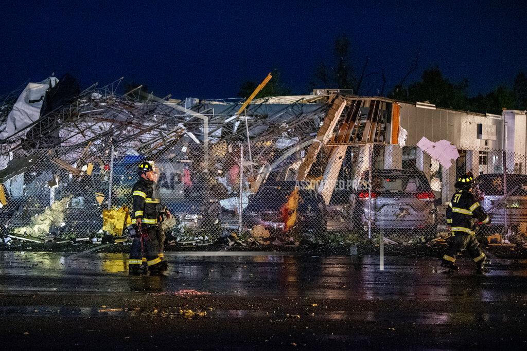 Tom Gralish The scene at Faulkner Auto Group service center after a tornado hit in Trevose, Pa. Thursday, July 29, 2021. Five people were injured Thursday when a building at a Bensalem auto dealership was destroyed by severe weather, authorities said. The National Weather Service confirmed two tornados touched down in Bucks County, sending trees falling and debris flying.(Tom Gralish/The Philadelphia Inquirer via AP)