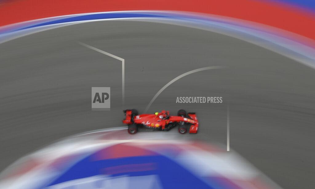 Kirill Kudryavtsev Ferrari driver Charles Leclerc of Monaco steers his car during the qualifying session for the upcoming Russian Formula One Grand Prix, at the Sochi Autodrom circuit, in Sochi, Russia, Saturday, Sept. 26, 2020. The Russian Formula One Grand Prix will take place on Sunday. (Kirill Kudryavtsev, Pool via AP)