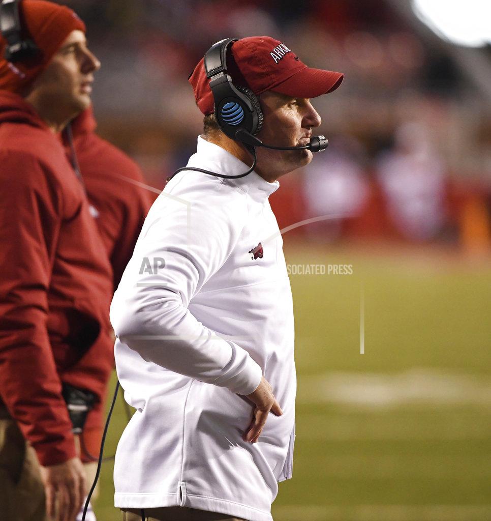 Michael Woods Arkansas coach Chad Morris watches his team play LSU during the first half of an NCAA college football game, Saturday, Nov. 10, 2018, in Fayetteville, Ark. LSU won, 24-17. (AP Photo/Michael Woods)
