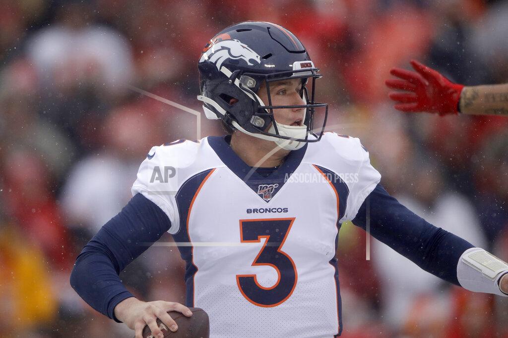 Charlie Riedel Denver Broncos quarterback Drew Lock (3) looks for a receiver during the first half of an NFL football game against the Kansas City Chiefs in Kansas City, Mo., Sunday, Dec. 15, 2019. (AP Photo/Charlie Riedel)
