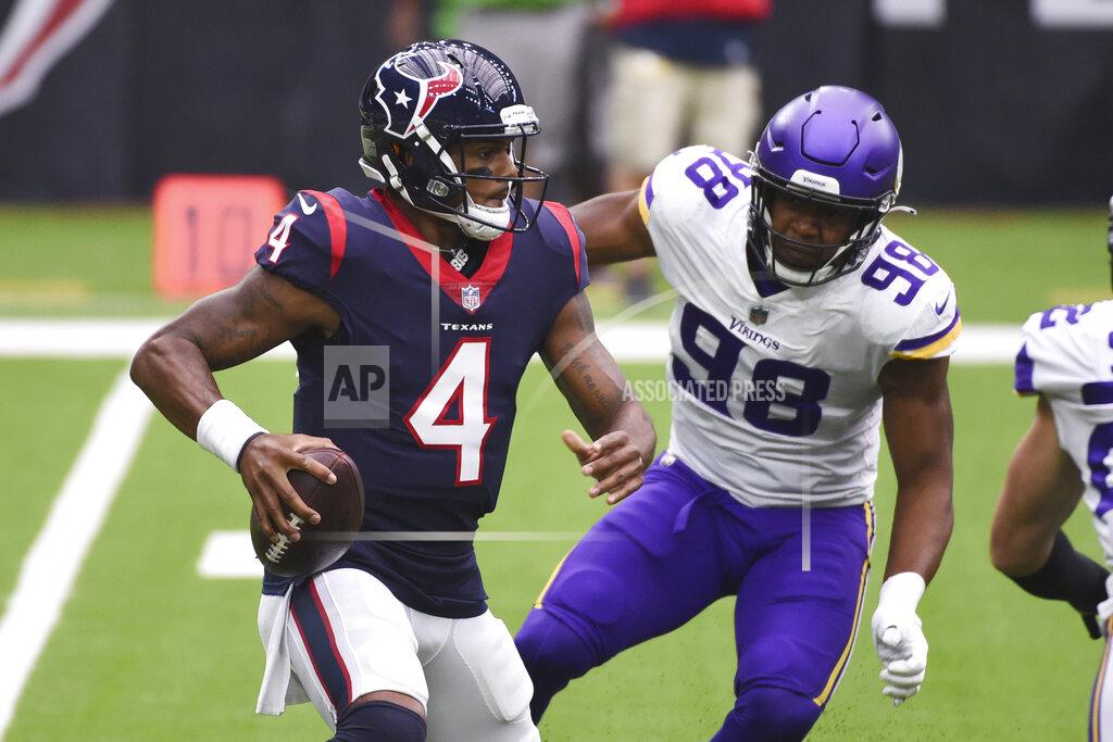 Eric Christian Smith Houston Texans quarterback Deshaun Watson (4) is pressured by Minnesota Vikings defensive end D.J. Wonnum (98) during the first half of an NFL football game Sunday, Oct. 4, 2020, in Houston. (AP Photo/Eric Christian Smith)