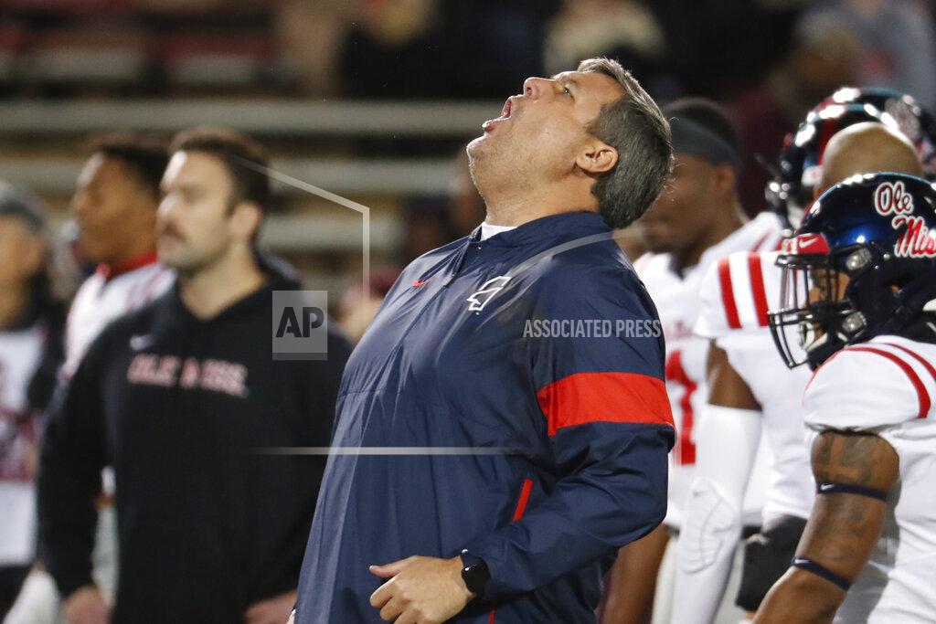 Rogelio V. Solis Mississippi head coach Matt Luke howls prior to an NCAA college football game against Mississippi State in Starkville, Miss., Thursday, Nov. 28, 2019. (AP Photo/Rogelio V. Solis)