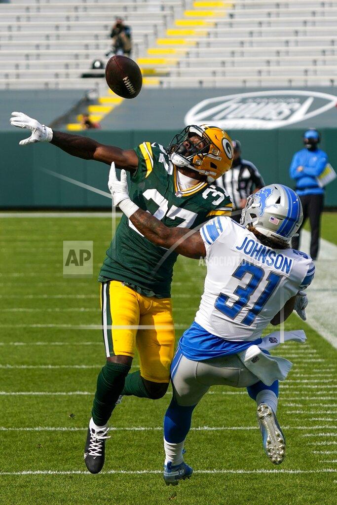 Morry Gash Green Bay Packers' Josh Jackson breaks up a pass intended for Detroit Lions' Ty Johnson during the second half of an NFL football game Sunday, Sept. 20, 2020, in Green Bay, Wis. (AP Photo/Morry Gash)