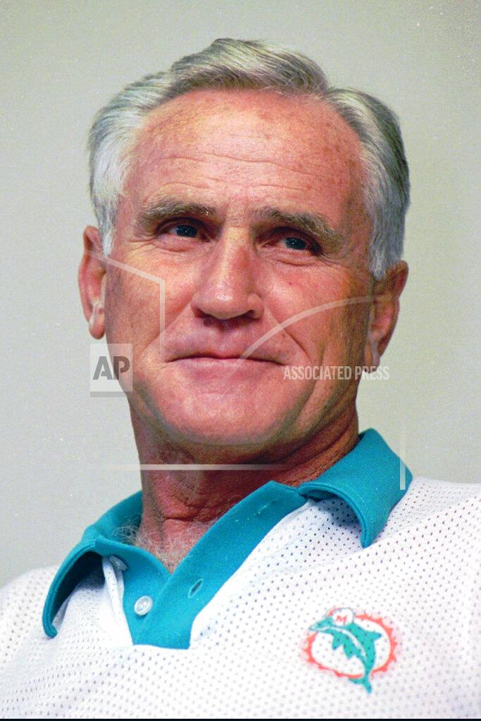 Marta Lavandier FILE - This is a Nov. 15, 1993, file photo showing Miami Dolphins' Don Shula. Shula, who won the most games of any NFL coach and led the Miami Dolphins to the only perfect season in league history, died Monday, May 4, 2020, at his South Florida home, the team said. He was 90. (AP Photo/Marta Lavandier, File)