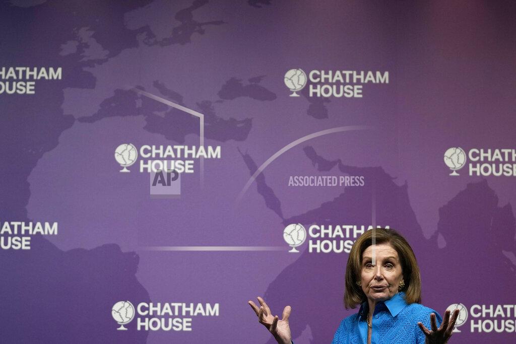 Frank Augstein The Speaker of the United States House of Representatives, Nancy Pelosi, speaks at Chatham House, the Royal Institute of International Affairs, in London, Friday, Sept. 17, 2021. (AP Photo/Frank Augstein)