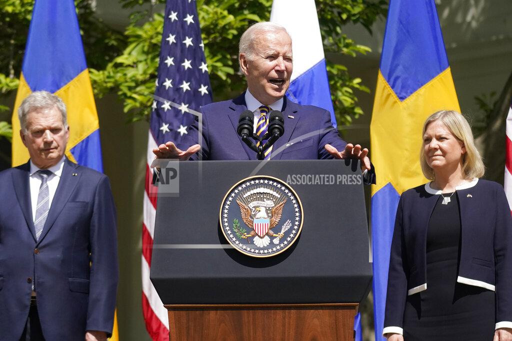 Andrew Harnik President Joe Biden accompanied by Swedish Prime Minister Magdalena Andersson and Finnish President Sauli Niinisto, speaks in the Rose Garden of the White House in Washington, Thursday, May 19, 2022. (AP Photo/Andrew Harnik)