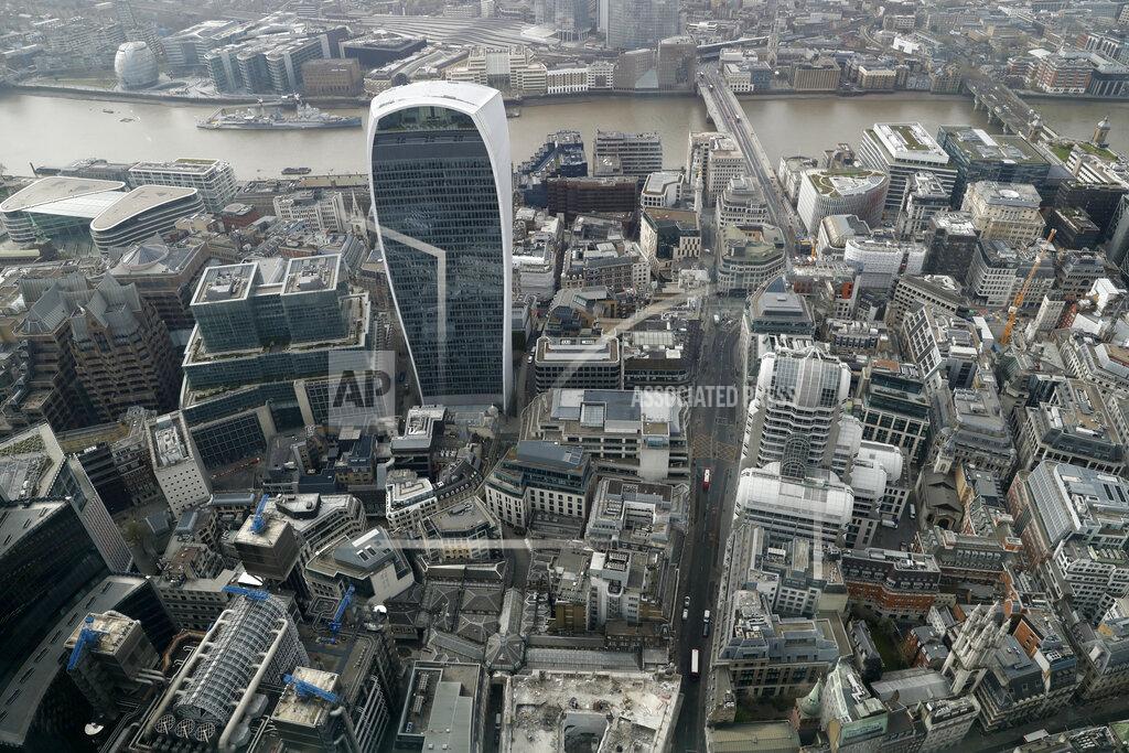 Alastair Grant A view over the City of London taken from the 59th floor of 22 Bishopsgate in London, Thursday, April 1, 2021. Brexit and the coronavirus pandemic have hit London in a perfect storm. On May 6, Londoners will elect a mayor, whose performance will help determine whether this is the start of a period of decline for Europe's biggest city — or a chance to do things better. Current Mayor Sadiq Khan, who is favored to win re-election, says his top priority is preserving jobs threatened by the economic blow of the pandemic. Rival Shaun Bailey says his top priority is crime. Whoever wins will face the challenge of leading London's fightback from its biggest shock for generations. (AP Photo/Alastair Grant)
