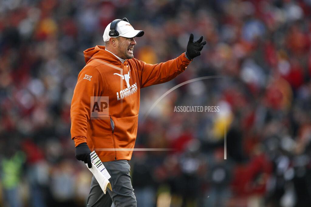 Charlie Neibergall Texas head coach Tom Herman questions a call against his team during the first half of an NCAA college football game against Iowa State, Saturday, Nov. 16, 2019, in Ames, Iowa. Iowa State won 23-21. (AP Photo/Charlie Neibergall)