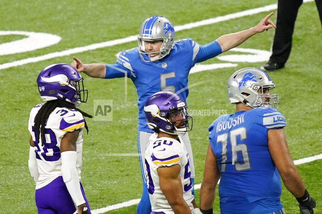 Carlos Osorio Detroit Lions kicker Matt Prater (5) reacts after successfully kicking at 54-yard field goal during the first half of an NFL football game against the Minnesota Vikings, Sunday, Jan. 3, 2021, in Detroit. (AP Photo/Carlos Osorio)