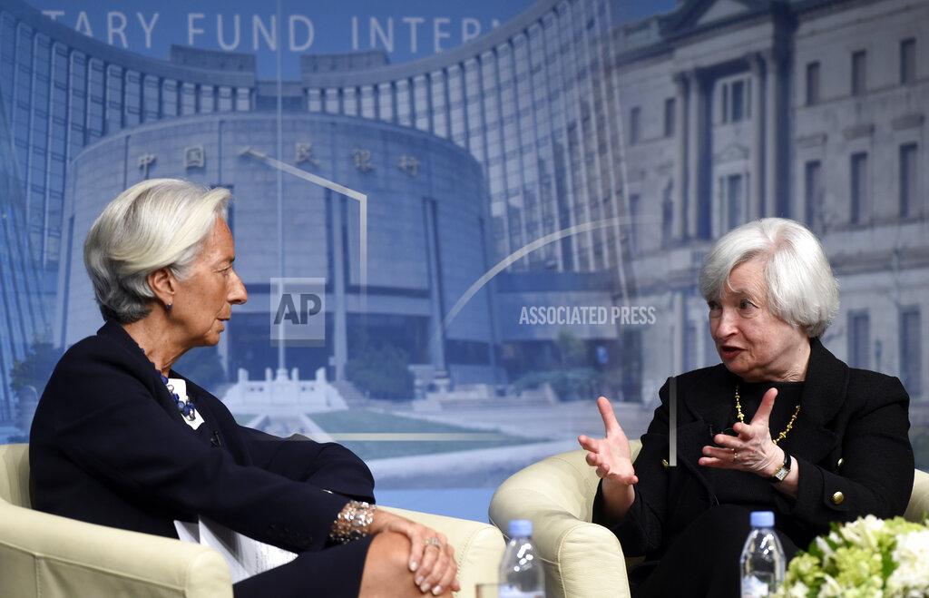Susan Walsh FILE - In this July 2, 2014, file photo International Monetary Fund Managing (IMF) Director Christine Lagarde, left, and Federal Reserve Chair Janet Yellen sit down for a conversation at the IMF in Washington. (AP Photo/Susan Walsh, File)