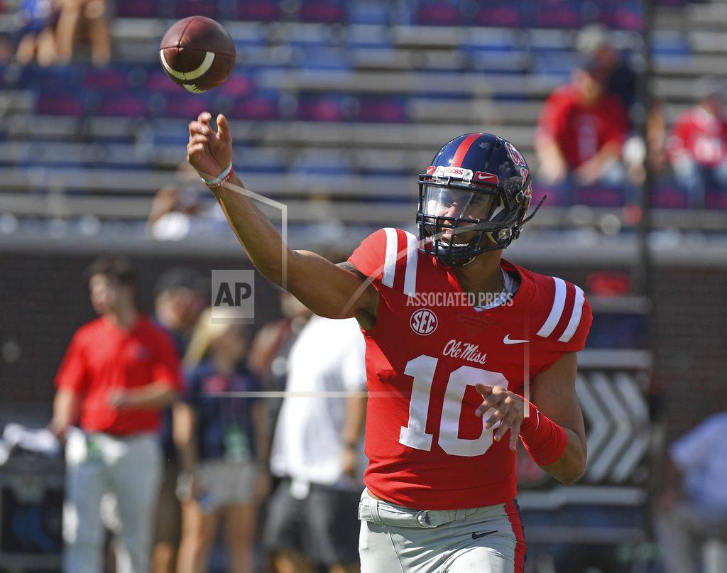 Thomas Graning Mississippi quarterback Jordan Ta'amu (10) passes during warmups before an NCAA college football against Louisiana Monroe in Oxford, Miss., Saturday, Oct. 6, 2018. (AP Photo/Thomas Graning)