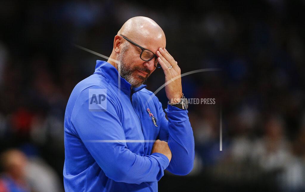 Brandon Wade Dallas Mavericks head coach Jason Kidd reacts to a foul against his team during the second half of an NBA basketball game against the Houston Rockets, Tuesday, Oct. 26, 2021, in Dallas. Dallas won 116-106. (AP Photo/Brandon Wade)