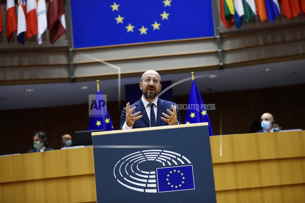 Francisco Seco European Council President Charles Michel addresses European lawmakers during a plenary session on the inauguration of the new President of the United States and the current political situation, at the European Parliament in Brussels, Wednesday, Jan. 20, 2021. (AP Photo/Francisco Seco, Pool)