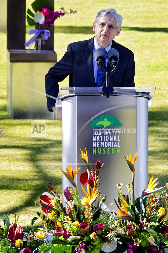 Chris Landsberger United State Attorney General Merrick Garland speaks during the 26th Anniversary Remembrance Ceremony at the Oklahoma City National Memorial and Museum in Oklahoma City, Okla on Monday, April 19, 2021. (Chris Landsberger/The Oklahoman via AP)