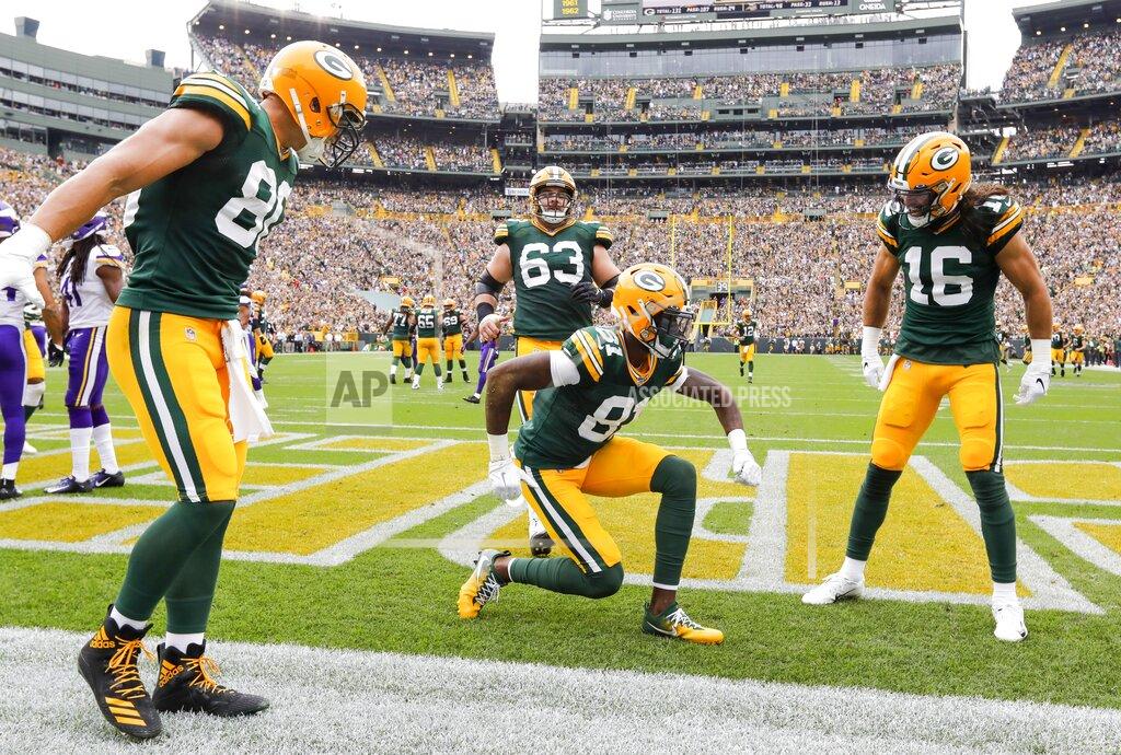 Mike Roemer Green Bay Packers' Geronimo Allison celebrates his touchdown catch during the first half of an NFL football game against the Minnesota Vikings Sunday, Sept. 15, 2019, in Green Bay, Wis. (AP Photo/Mike Roemer)